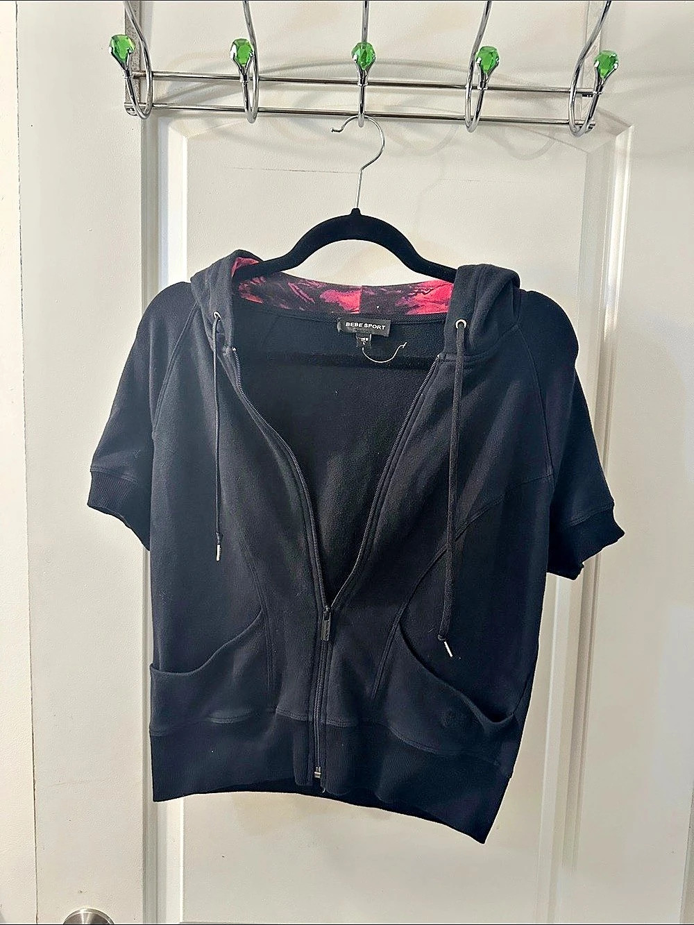 BEBE SPORT Short Sleeve Zip Hoodie in Black & Pink Size Large